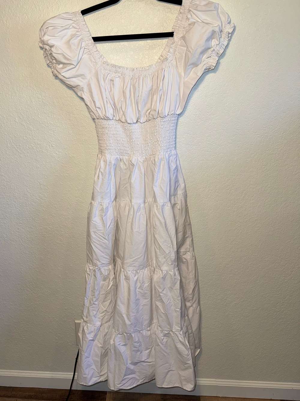 Danielle Bernstein White Tiered Poplin Smocked Bodice Puff Sleeve Midi Dress L - Picture 11 of 13